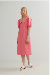 Linen Button-Front Midi Dress with Puff Sleeves and Wide Collar